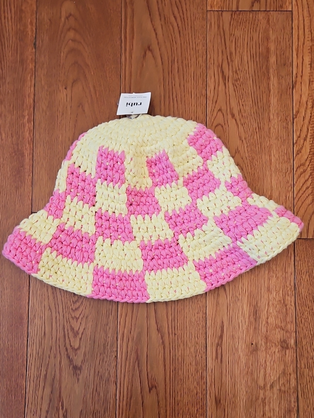 Crochet Checkerboard Bucket Hat - Yellow & Pink